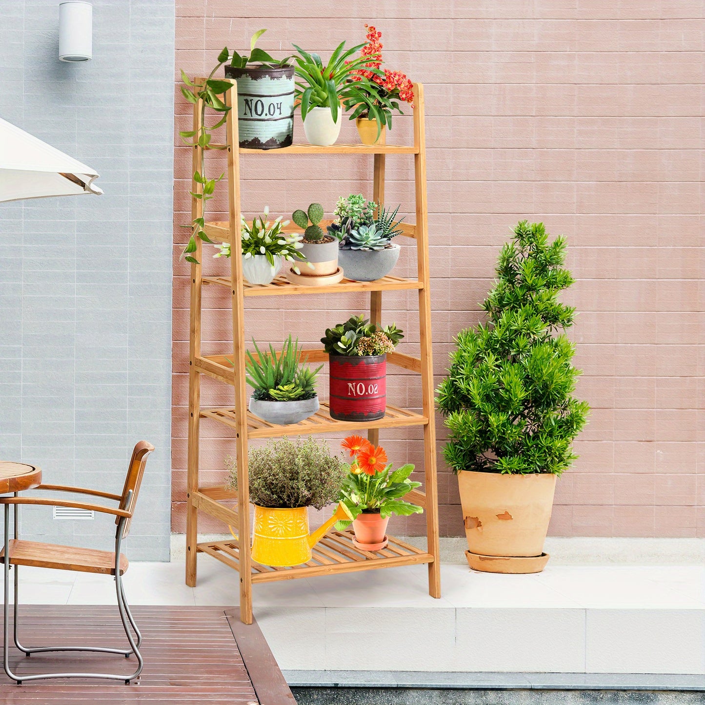 Ladderkast – Boekenkast – Plankenrek – Opbergkast – Traprek – Bamboe Houten Opbergrek – 4 Lagen – 48x32x115 cm
