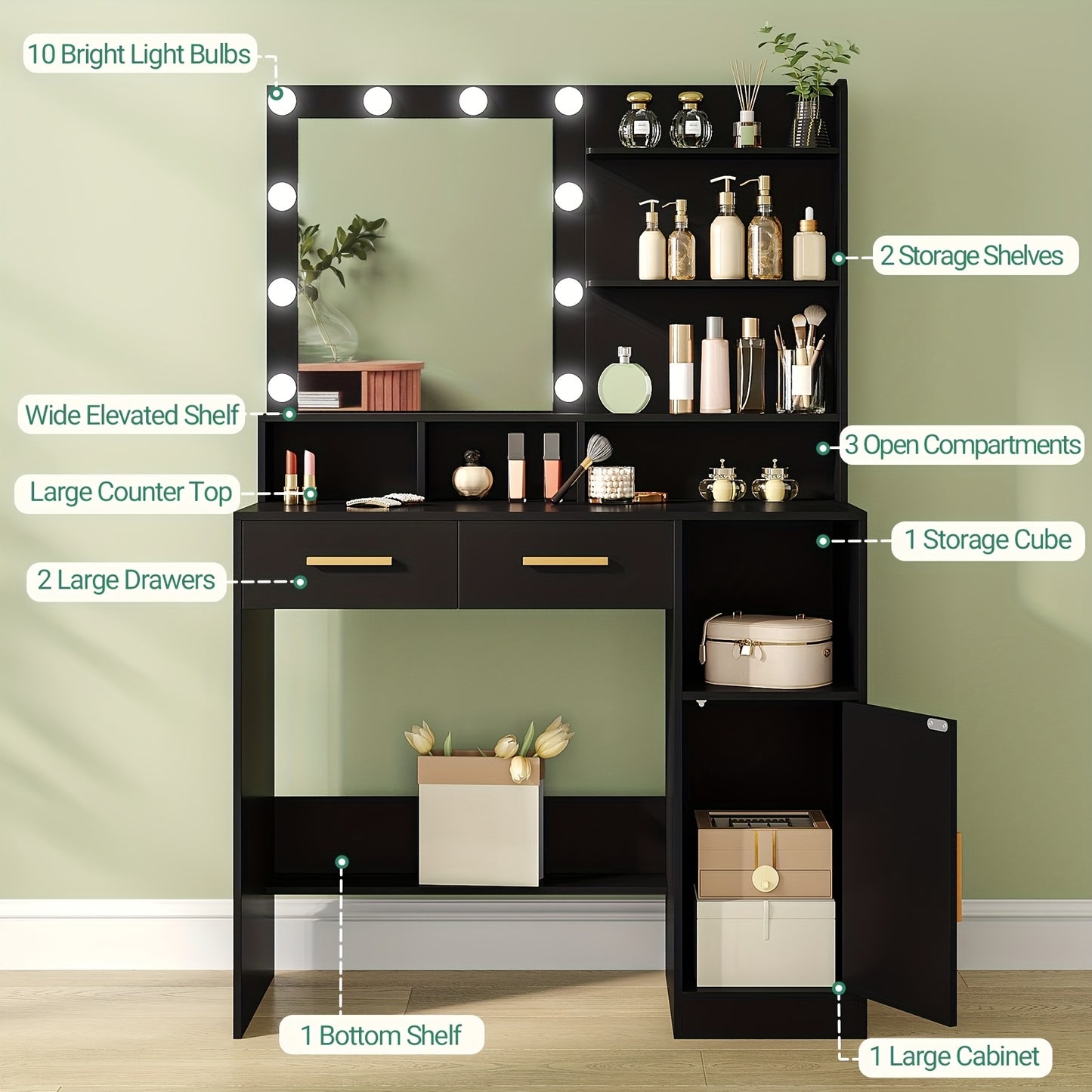 Kaptafel – Make-up Tafel – Dressing Table – Schminktisch – Toilettafel – Zwarte Kaptafel – Verstelbare LED-Verlichting – Veelzijdige Opbergruimte met Laden en Kastje