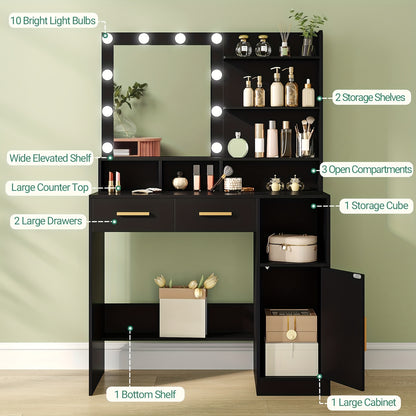 Kaptafel – Make-up Tafel – Dressing Table – Schminktisch – Toilettafel – Zwarte Kaptafel – Verstelbare LED-Verlichting – Veelzijdige Opbergruimte met Laden en Kastje