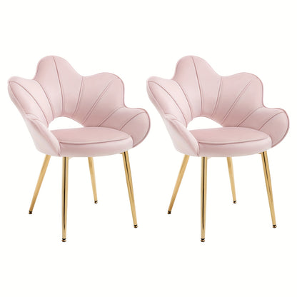 Velvet Lounge Stoelen – Loungestoelen – Eetkamerstoelen – Kapstoelen – Zetels – Zacht Roze Velvet – Metalen Gouden Frame – Ergonomische Bloemblaadje Rugleuning – Set Van 2