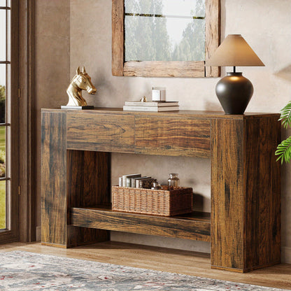 Extra Lange Haltafel – Halmeubel – Sofa Tafel – Sidetable – Wandtafel – 139,95 cm Lang – Verborgen Lades en Open Planken – Stevige MDF Houtlook – Eenvoudig Te Monteren