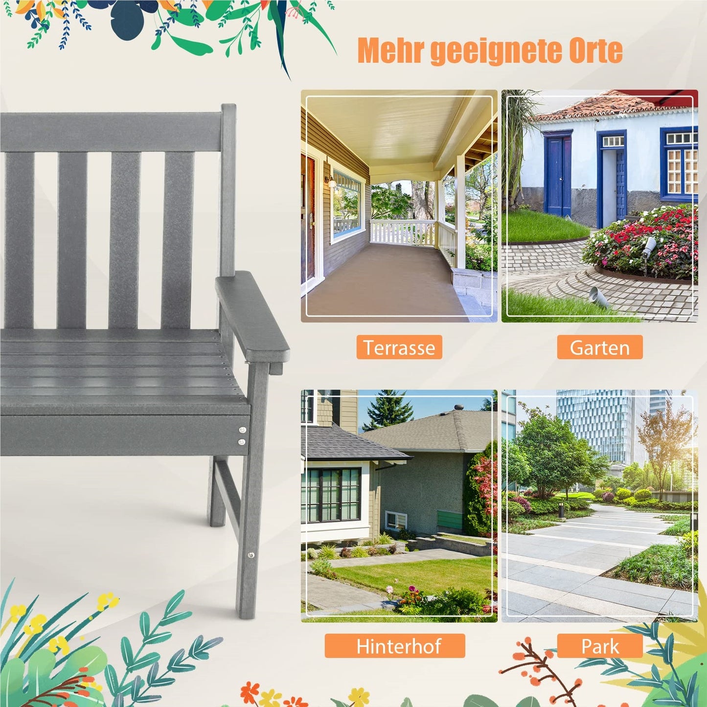 Tuinbank – Buitenbank – Balkonbank – Terrasbank – Tuinmeubel – Weerbestendig HDPE – 320 kg Draagkracht – 132 x 65 x 91 cm – Grijs