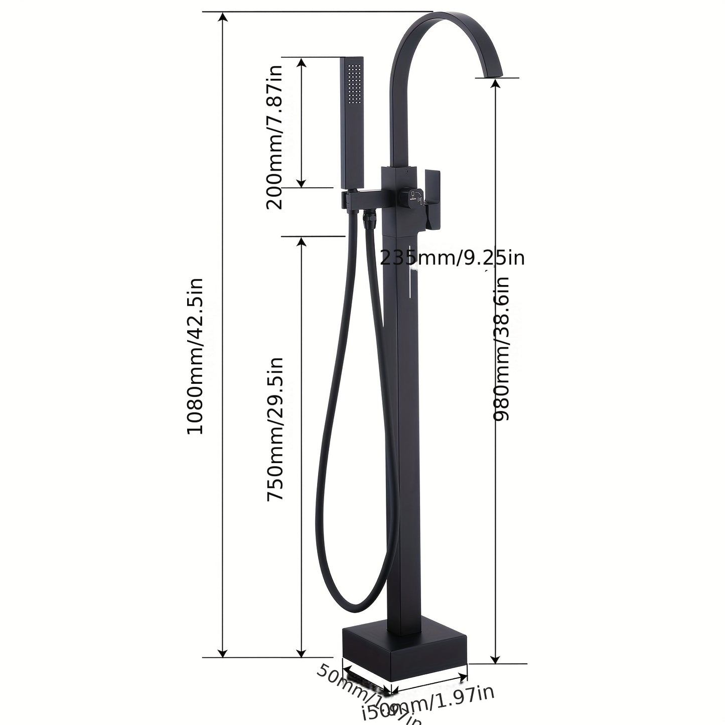 Modern Black Freestanding Bathtub Faucet with Brass Waterfall Spout & Hand Shower - 360° Swivel Spout, Floor-Mounted Design, Copper Valve Core, Easy Installation (No Batteries/Electrical Required), G3/8 Connections, Painted