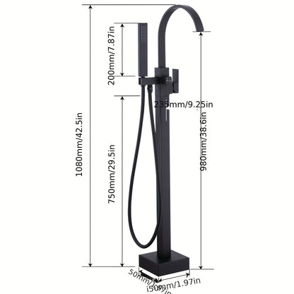 Modern Black Freestanding Bathtub Faucet with Brass Waterfall Spout & Hand Shower - 360° Swivel Spout, Floor-Mounted Design, Copper Valve Core, Easy Installation (No Batteries/Electrical Required), G3/8 Connections, Painted