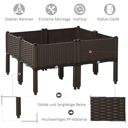 Verhoogde Plantenbak Tuin – Plantenbak Buiten – Tuinbak Kweekbak – Bloembak Balkon – Groentebak Urban Garden – Weerbestendig Kunststof – Rattan Look – 40x40x44 cm – 4 Secties Met Drainage