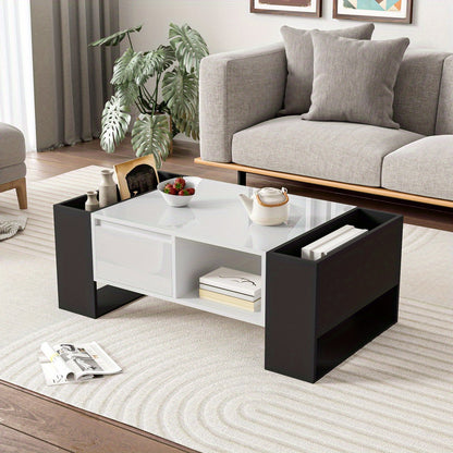 Salontafel – Woonkamertafel – Koffietafel – Tafeltje – Bijzettafel – Zwart-Witte Hoogglans Uitvoering – 4 Open Vakken & 2 Lades – Duurzame Constructie – Geen Montage