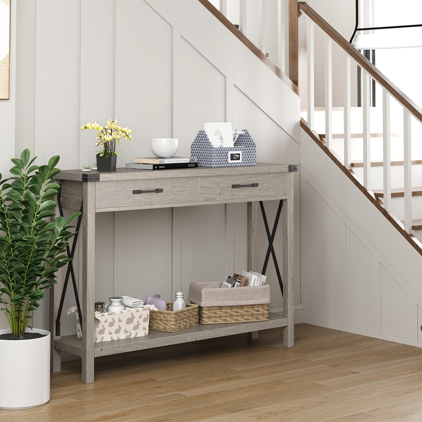 Farmhouse Sidetable – Wandtafel – Halmeubel – Sofa Tafel – Console Tafel – 2 Lades – Stevig MDF & Metalen Frame – Compact & Ruimtebesparend – Grijs