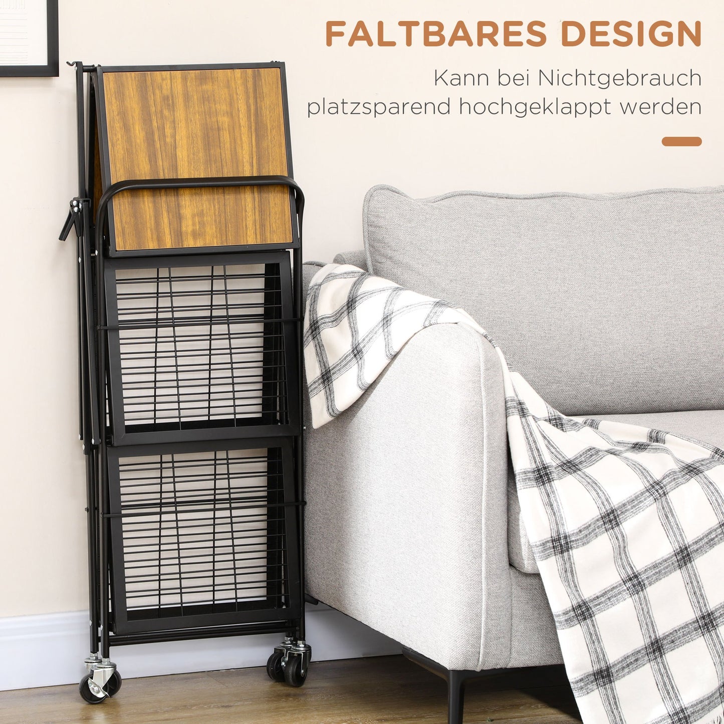 Keukentrolley – Serveerwagen – Opbergtrolley – Werktafel – Mobiele Keukenkar – Industrieel Design – 3 Ruime Planken – Inklapbaar Met 4 Draaibare Wieltjes – Bruin/Zwart