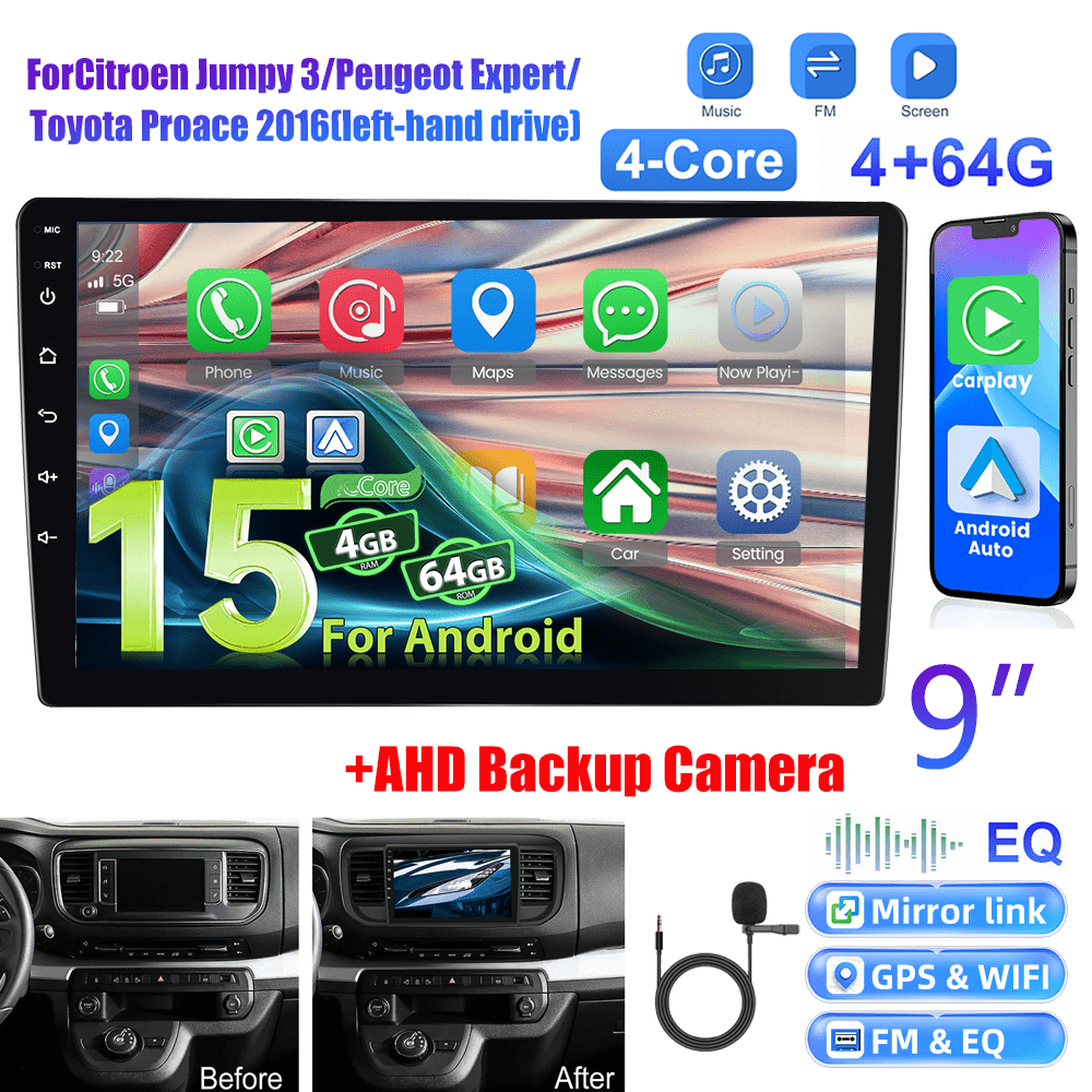 Android 15 inch Autoradio – Car Stereo – Multimedia Radio – Navigatie Systeem – Touchscreen Radio – Met AHD Achteruitrijcamera en Microfoon – 1280P IPS Display – Draadloze CarPlay & Android Auto