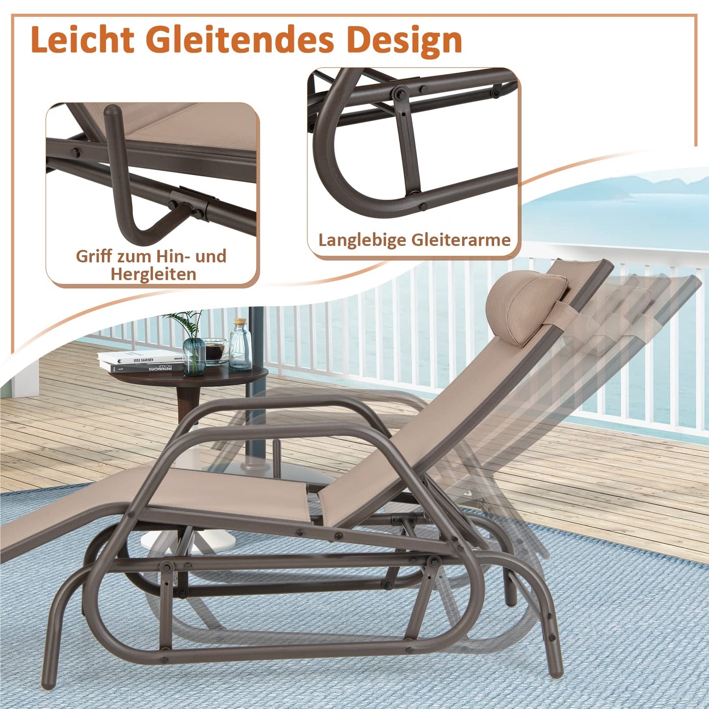 Ligbed – Ligstoel – Schommelstoel – Tuinstoel – Loungebed – 3-Standen Verstelbare Rugleuning – Ademend Sneldrogend Stof – Bruin