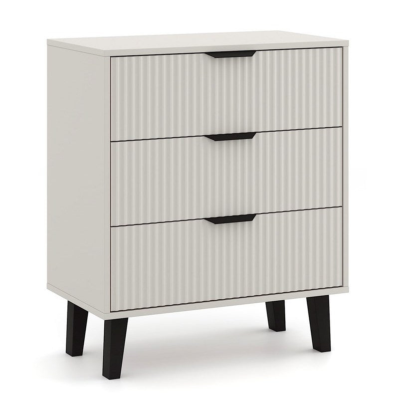 Ladekast – Dresser – Ladekastje – Opbergmeubel – Kabinet – Cashmere Beige Kleur – 3 Ruime Lades – Geribbelde Fronten – Zwarte Poten