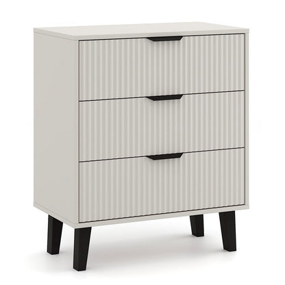 Ladekast – Dresser – Ladekastje – Opbergmeubel – Kabinet – Cashmere Beige Kleur – 3 Ruime Lades – Geribbelde Fronten – Zwarte Poten