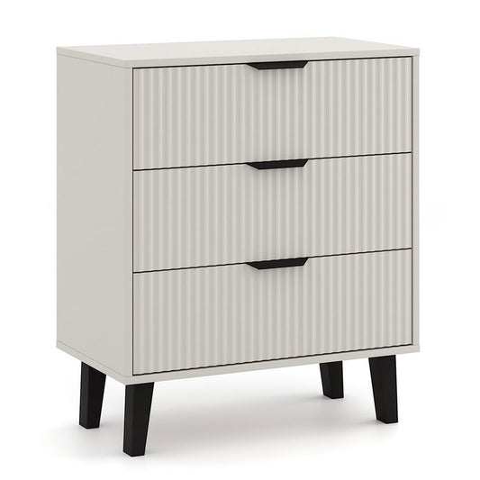 Ladekast – Dresser – Ladekastje – Opbergmeubel – Kabinet – Cashmere Beige Kleur – 3 Ruime Lades – Geribbelde Fronten – Zwarte Poten
