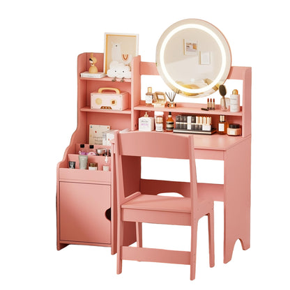 Make-up Tafel – Kaptafel – Make-up Organizer – Opbergtafel – Vanity Set – Wit en Roze – Met Spiegel en Kruk – Duurzaam Hout en Kunstplaat – Inclusief Opbergvakken