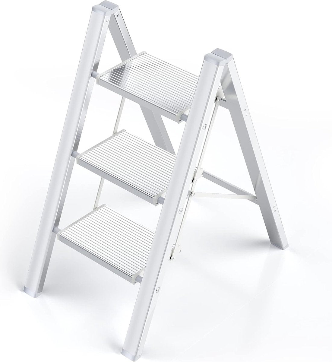 3-staps ladder - aluminium opvouwbaar opstapje - trapladder - 3-staps opvouwbare staande ladder - antislip - maximaal draagvermogen 150 kg - draagbaar lichtgewicht opstapje (zilver-wit)