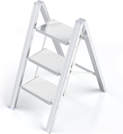 3-staps ladder - aluminium opvouwbaar opstapje - trapladder - 3-staps opvouwbare staande ladder - antislip - maximaal draagvermogen 150 kg - draagbaar lichtgewicht opstapje (zilver-wit)