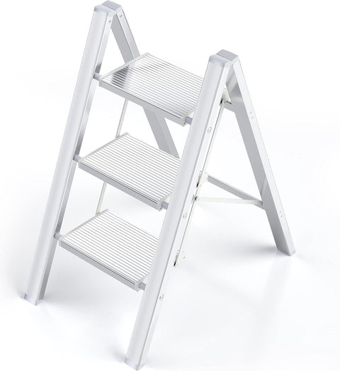 3-staps ladder - aluminium opvouwbaar opstapje - trapladder - 3-staps opvouwbare staande ladder - antislip - maximaal draagvermogen 150 kg - draagbaar lichtgewicht opstapje (zilver-wit)