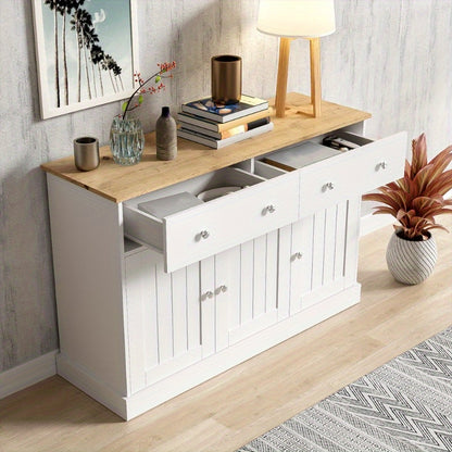 Modern Sideboard Cabinet with Engraved Texture - Large Storage Organizer, 3 Drawers & 2 Doors, Entryway Living Room Furniture, White Finish & Natural Wood Accents