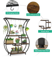 Plantenrek - Plantenstandaard - Plantenrek voor Binnen en Buiten - Plantenrek met 6 Niveaus en 10 S-haken - Rustiek Bruin/Zwart - 120 x 30 x 180 cm