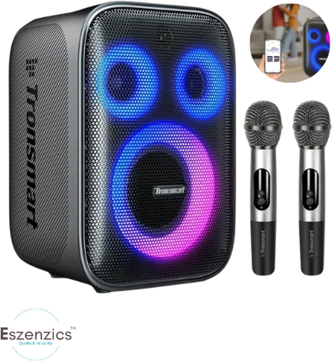 Karaoke Partybox - 3-Weg Speaker - 120 W - 2 Draadloze Microfoons - Verlichting Kleur en Equalizer via App - Mic en Gitaar Input - Zwart