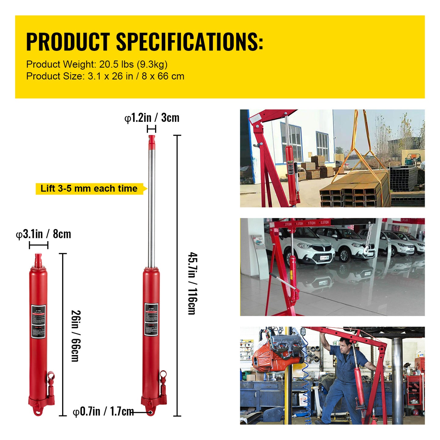 Hydraulische Long Ram Krik – Garagekrik – Motorlift – Werkplaatskrik – Hefboomkrik – 8 Ton Hefvermogen – Robuust Legeringsstaal