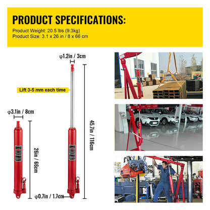 Hydraulische Long Ram Krik – Garagekrik – Motorlift – Werkplaatskrik – Hefboomkrik – 8 Ton Hefvermogen – Robuust Legeringsstaal
