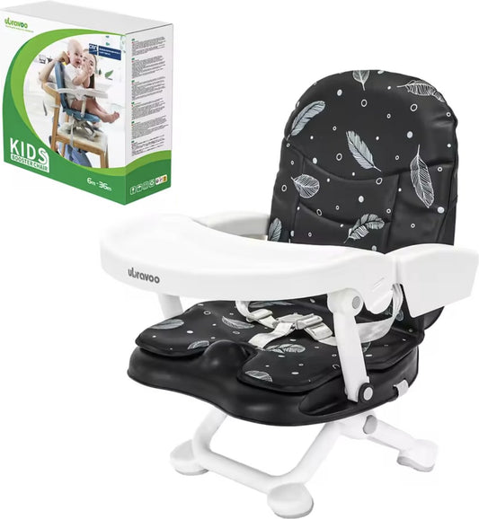 Portable high chair - High chair - Baby chair - Booster seat - High chair booster - Adjustable height - Foldable - Lightweight - Feather pattern - 6 to 36 months - Black - White