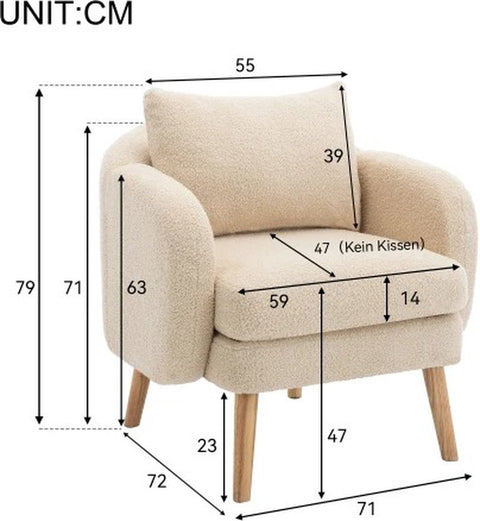 Teddy armchair - Reading chair - Living room - Children's room - Armchair with extra thick cushion - Solid wood legs - Beige