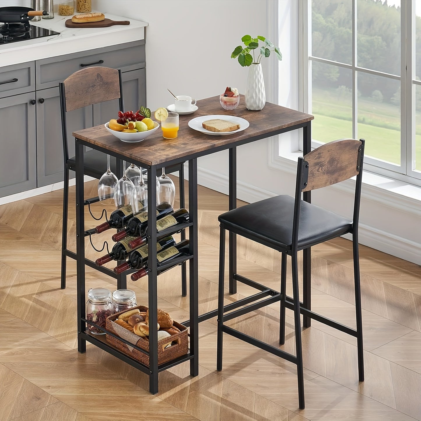 Bartafelset – Bartafel – Barkrukken – Barstoelen – Eettafelset – Bruin – Industrieel Design – Ingebouwde Wijnrekken