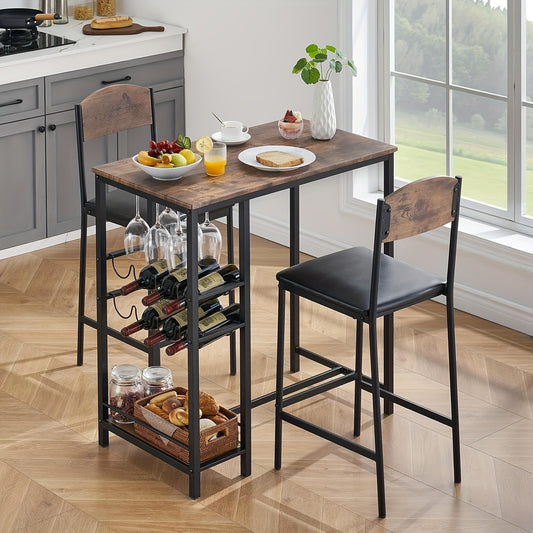 Bartafelset – Bartafel – Barkrukken – Barstoelen – Eettafelset – Bruin – Industrieel Design – Ingebouwde Wijnrekken