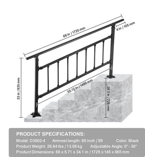 Smeedijzeren Leuning – Voor 1-4 Treden – Verstelbare Hoek (0-50°) – Antislip, Anticorrosief en Antiroest – Geschikt voor Buitentrappen - Veranda's - Balkons - Tuinen en Woongebouwen