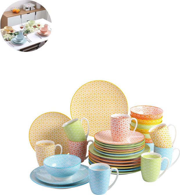 Luxe Serviesset – 32 delig – 8 persoons – Porselein - Bordenset – Dinner platen – Dessertborden - Kommen - Mokken - Schaaltjes - Meerkleurig