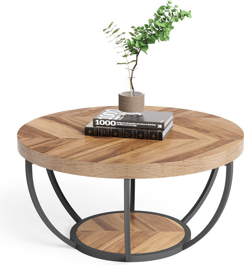 Salontafel - Rond 80 cm - Bijzettafel - Woonkamertafel - Tafel - Koffietafel - Duurzaam - Houtnerf & Zwart - 100% - Banktafel