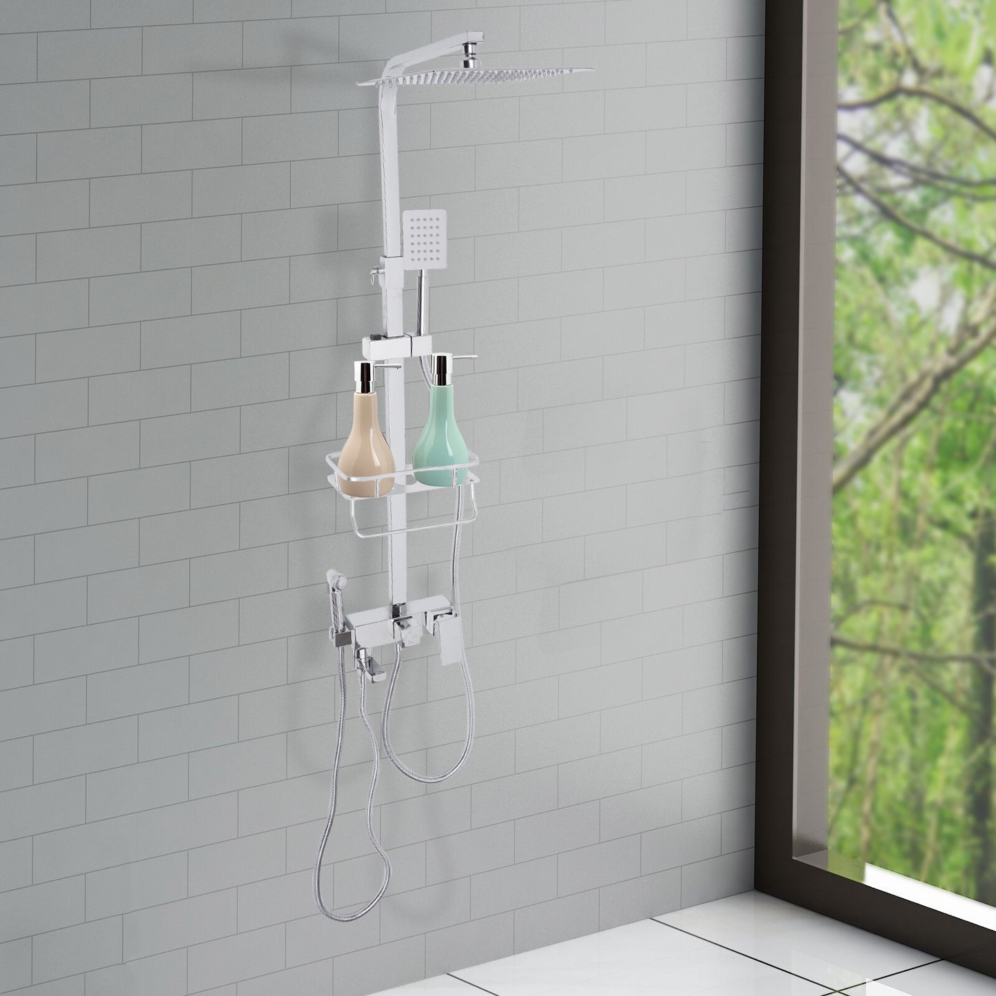 Douchekraan Set – Regendouche – Handdouche – Douchethermostaat – Doucheset Met Mandje – Verstelbare Hoogte 73-116 cm – 360° Swivel Rain Shower & Air Boost Technologie