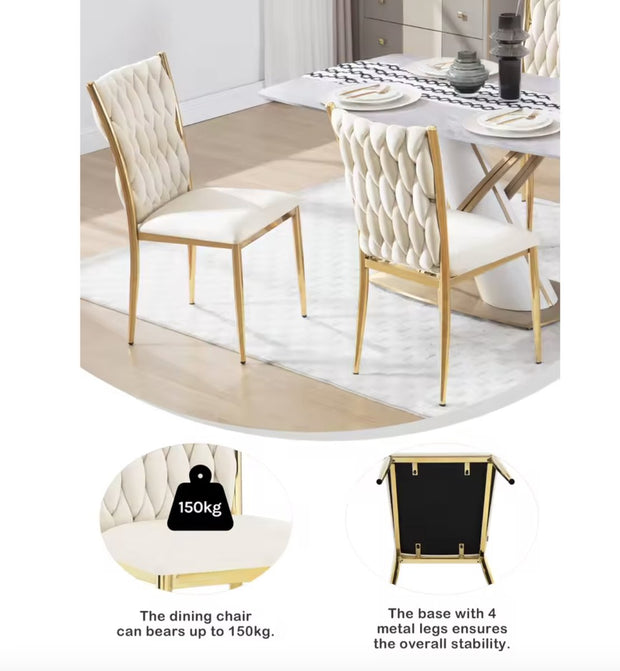 Eetkamerstoel - Set van 2 stoelen - Fluwelen eetkamer stoel - Eetkamerstoelen - Eettafel stoel - Velvet - Fluweel - Gevlochten patroon - Gouden poot - Metaal - Wit - Goud