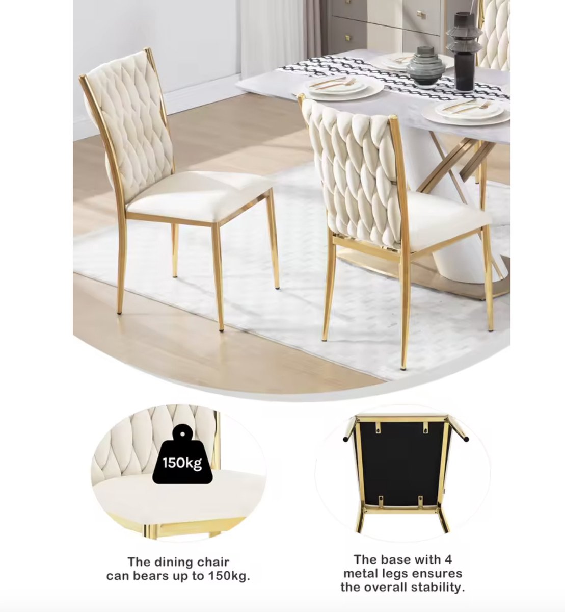 Dining chair - Set of 2 chairs - Velvet dining chair - Dining room chairs - Dining table chair - Velvet - Velvet - Braided pattern - Gold leg - Metal - White - Gold