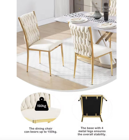 Dining chair - Set of 2 chairs - Velvet dining chair - Dining room chairs - Dining table chair - Velvet - Velvet - Braided pattern - Gold leg - Metal - White - Gold
