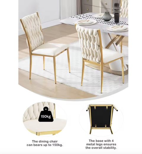 Eetkamerstoel - Set van 2 stoelen - Fluwelen eetkamer stoel - Eetkamerstoelen - Eettafel stoel - Velvet - Fluweel - Gevlochten patroon - Gouden poot - Metaal - Wit - Goud