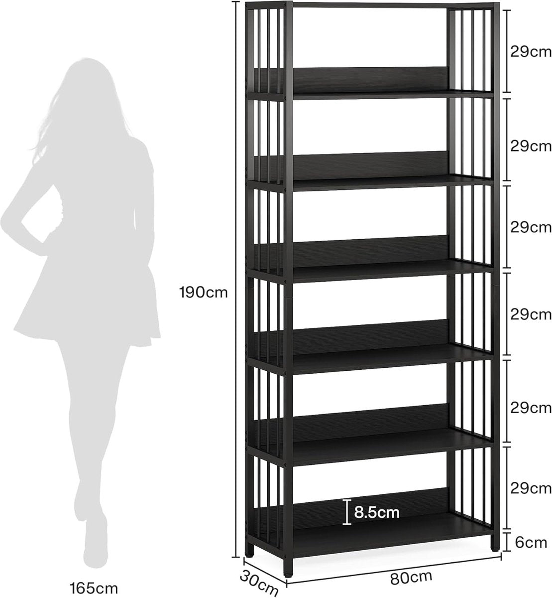 Boekenplank - 6-Tier Etagere Boekenkast - 80 x 30 x 190 cm - Industriële Hoge Boekenplanken Display Plank - voor Woonkamer Slaapkamer - Zwar - QUORE