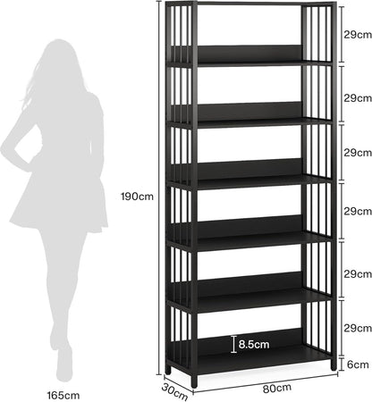 Boekenplank - 6-Tier Etagere Boekenkast - 80 x 30 x 190 cm - Industriële Hoge Boekenplanken Display Plank - voor Woonkamer Slaapkamer - Zwar - QUORE