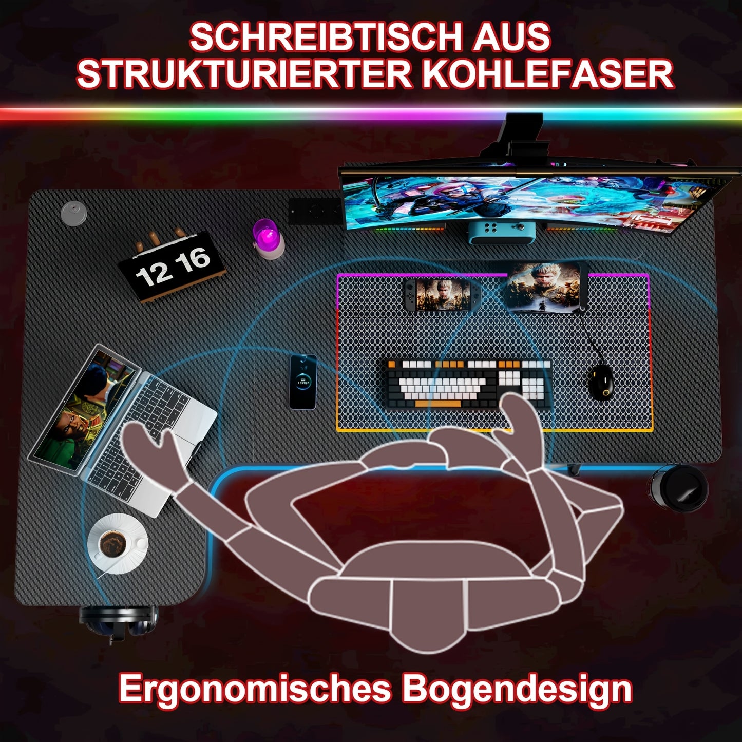 Gaming Tafel – Game Bureau – Werkplek Bureau – Gaming Desk – Computer Tafel – Zwart – Ergonomisch Design – Carbon Fiber Bovenblad – 150x90-40x75 cm – 150 kg Draagvermogen – Inclusief Controllerhouder & Koptelefoonhaak