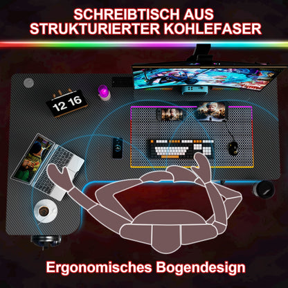 Gaming Tafel – Game Bureau – Werkplek Bureau – Gaming Desk – Computer Tafel – Zwart – Ergonomisch Design – Carbon Fiber Bovenblad – 150x90-40x75 cm – 150 kg Draagvermogen – Inclusief Controllerhouder & Koptelefoonhaak
