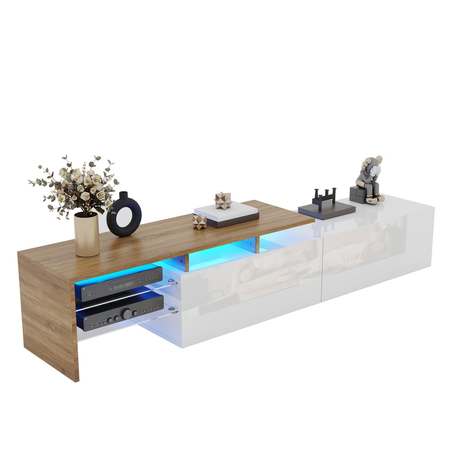 Contemporary TV Unit Design: Chic And Sophisticated, Functional Storage Options, Glossy White Finish, Wood Appearance, Glass Shelving.