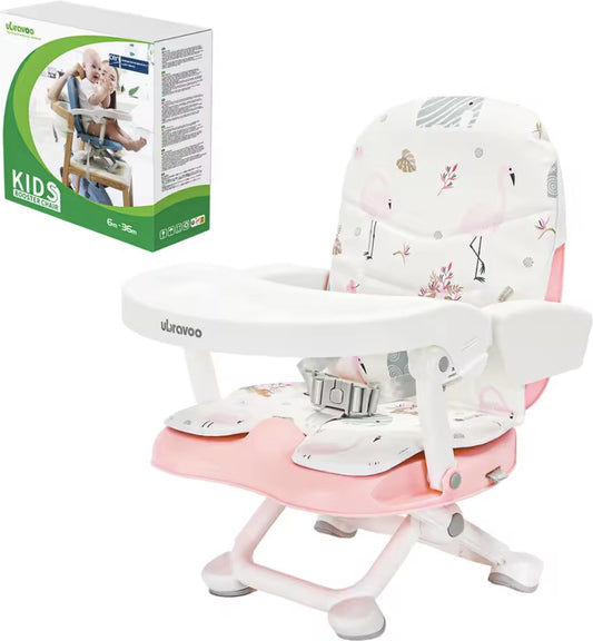 Portable high chair - High chair - Baby chair - Booster seat - High chair booster - Adjustable height - Foldable - Lightweight - Flamingo - 6 to 36 months - Pink - White