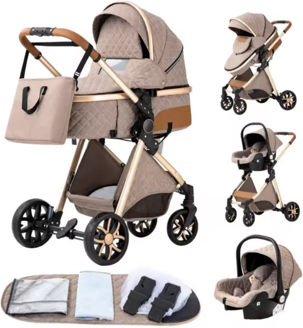 Kinderwagen 3 in 1 - Kinderwagen - Bedje - Buggy - Autostoel - Opvouwbaar - Aluminium frame - Beige/Khaki - Goud - Bruin