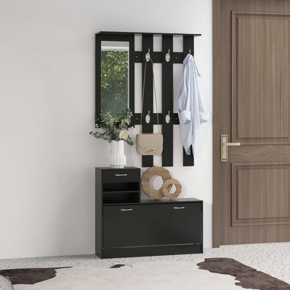 Schoenenkast – Schoenenrek – Halmeubel – Schoenenopberger – Kapstok – Modern Design – Zwart Spaanplaat – Met Spiegel en 6 Dubbele Haken