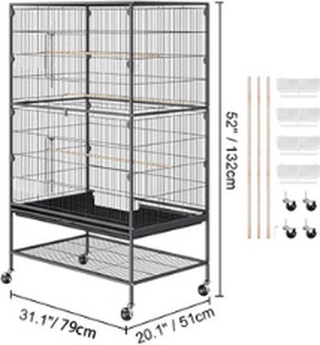 Vogelkooi - Parkietenkooi - Papegaaienkooi - Op wieltjes - Geschikt voor 2 tot 3 grote en grote vogels - Antislip - Met verwijderbare lade - Geschikt voor binnen en buiten - 79 x 51 x 132 cm