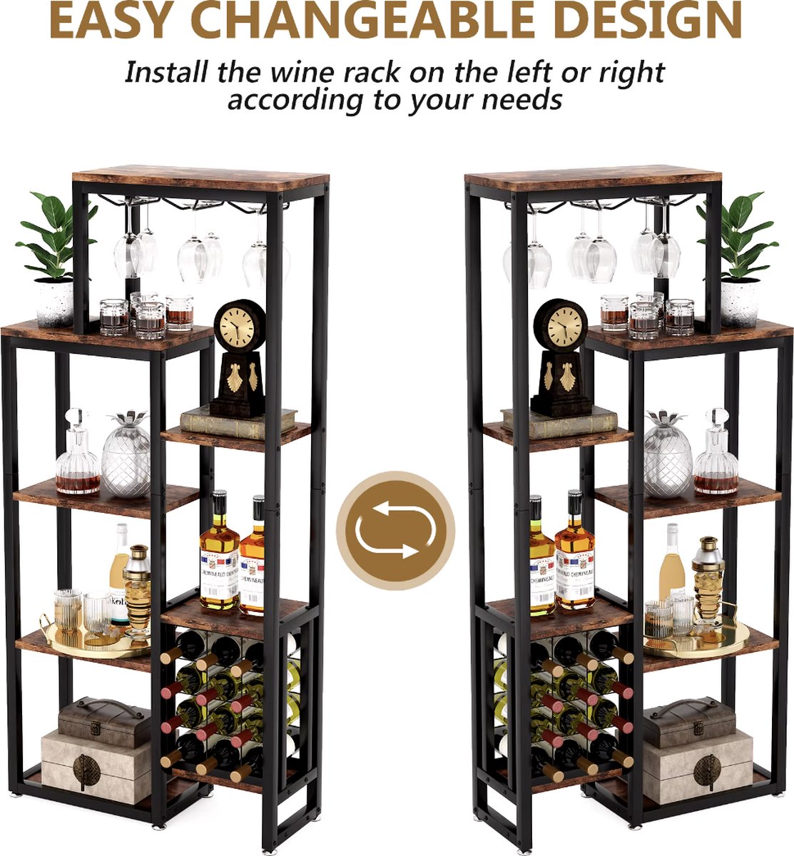 Wine cabinet - Wine rack - Beverage cabinet - Cupboard - Wine glass holders - Bottle holders - Industrial - Wood and metal - Brown/Black - 175x80x30cm