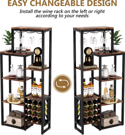 Wine cabinet - Wine rack - Beverage cabinet - Cupboard - Wine glass holders - Bottle holders - Industrial - Wood and metal - Brown/Black - 175x80x30cm