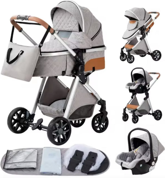 Stroller 3 in 1 - Pushchair - Bed - Buggy - Car seat - Foldable - Aluminum frame - Light gray - Silver - Brown